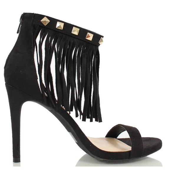 Black Open Toe Fringe Ankle Strap High Heel Sandal - Picture 3 of 4